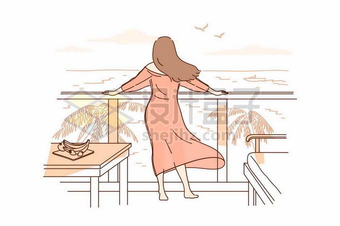 在阳台上趴在栏杆上看远处大海的长发飘飘的女孩背影手绘线条插画