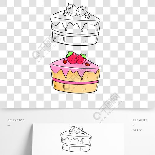 原创手绘卡通填色简笔画草莓小蛋糕