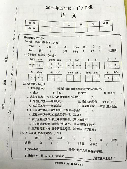 湖南地区五年级下册语文期中测试集中作业