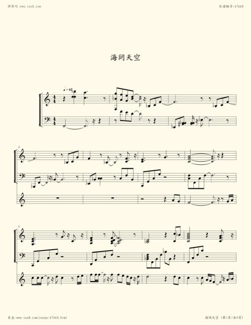 《海阔天空,钢琴谱》黄家驹(五线谱 钢琴曲 指法)-弹吧|蛐蛐钢琴网