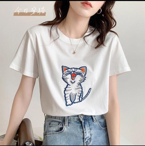 韩版设计感纯棉宽松猫咪刺绣白色短袖t恤女