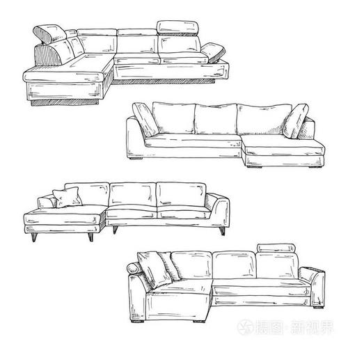 一组沙发孤立在白色背景上.矢量插图的素描风格.