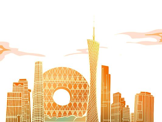 彩色手绘卡通国潮广州建筑城市印象旅行场景元素png素材