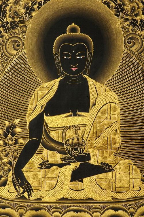 尼泊尔黑金唐卡喇嘛纯手绘挂画 药师佛画像黑唐