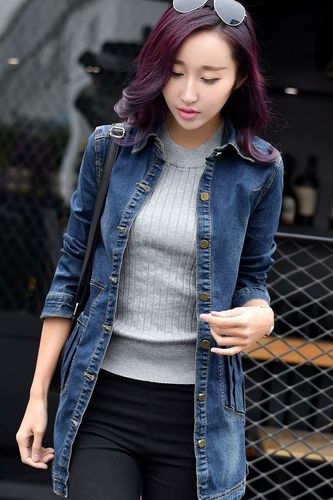 2018春夏新款韩版牛仔衣女装修身显瘦长袖收腰中长款牛仔外套女潮