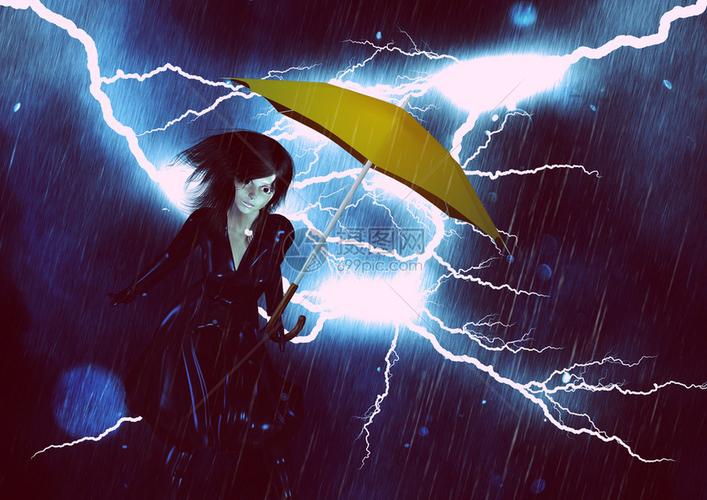 在暴风雨中三度抽象地成为女孩和伞子伴有大雨纹理和闪电