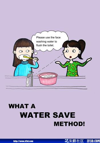 这张是关于节水的讽刺漫画海报,左边的小姑娘让右边的小姑娘用洗脸水
