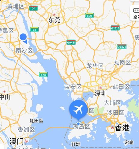 莲花山港和香港国际机场在地图上的位置.