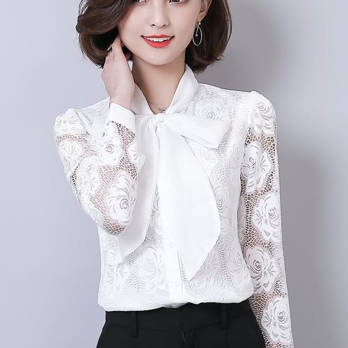 2017春秋装新款韩版修身系带镂空蕾丝打底衫女长袖雪纺衫上衣小衫