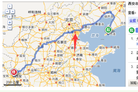 大连到西安最近路线经过天津吗