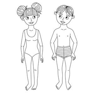 女孩和男孩泳装线涂鸦矢量集照片