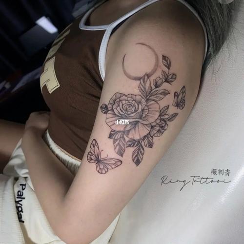 女生手臂纹身7415素花玫瑰与蝴蝶
