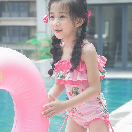 儿童泳衣女孩小公主韩国连体吊带网红可爱甜美学生洋气女童游泳衣