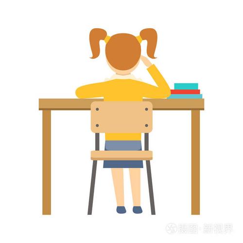 女孩无聊的坐在桌子前课堂,部分学校和学者生活系列简约插图插画-正版