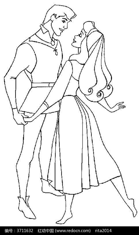 跳舞的公主和王子卡通手绘填色线稿jpg