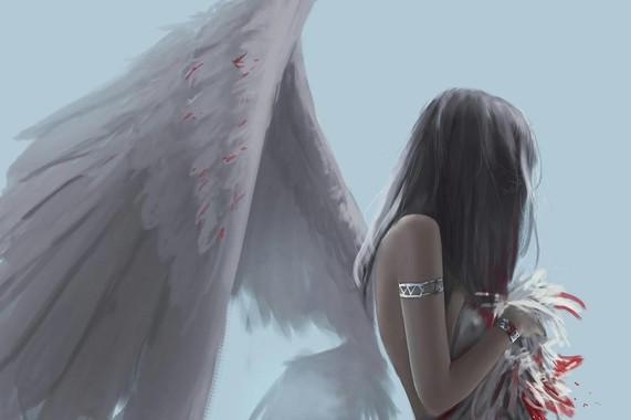 受伤的天使,翅膀,血羽毛,唯美插画,4k动漫壁纸