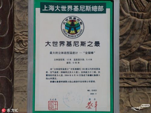 中国最大立体造型温度计——金箍棒由上海大世界吉尼斯总部颁发证书.