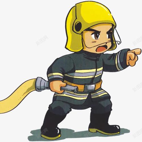 com 卡通消防员救援 喷水 安全帽 安全服 指导 消防logo 灭火