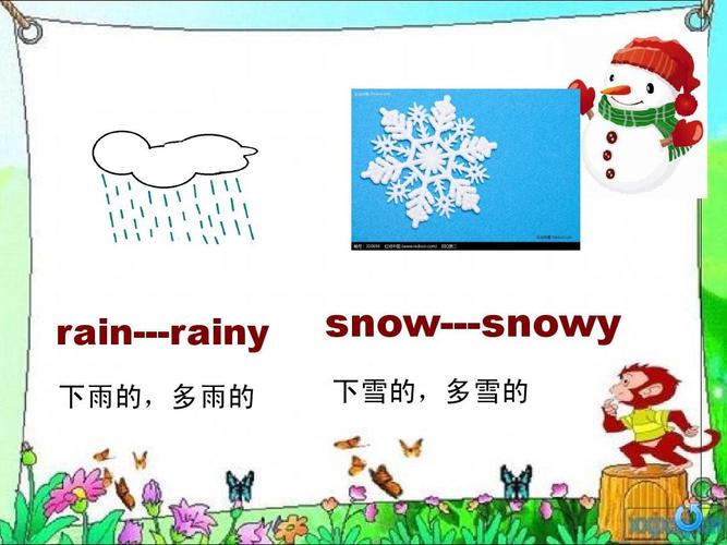 rain---rainy 下雨的,多雨的 snow---snowy 下雪的,多雪的