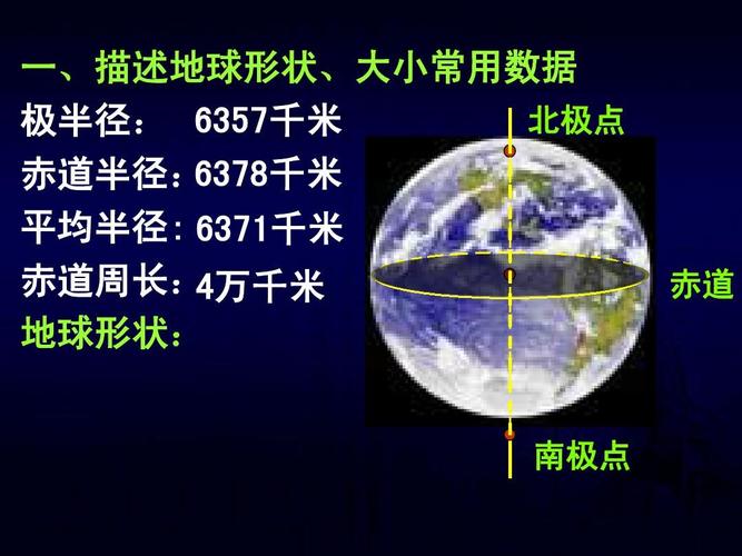 赤道半径: 6378千米 平均半径: 6371千米 赤道周长: 4万千米 地球形状