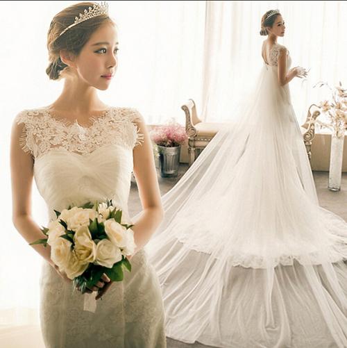 韩式新娘奢华蕾丝一字肩鱼尾拖尾婚纱礼服2015新款 厂家批发 代发