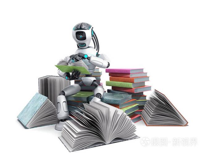 一个现代的概念,一个智能机器人正在看书,坐在一堆书上,在白色上渲染