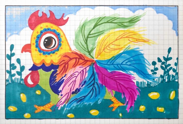 水彩笔——美丽的大公鸡