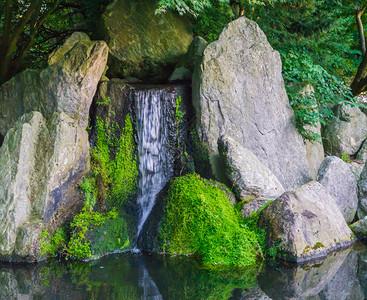 充满流水大石头和一些被绿苔覆盖的美丽瀑布和平自然风景背绿色场背景