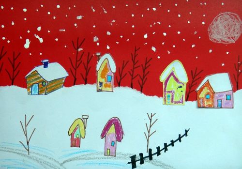 小镇上的雪景,关于冬天的儿童画图片大全