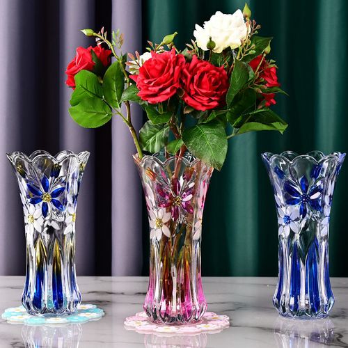 买一送一中国风彩色高档玻璃花瓶水养富贵竹插玫瑰花中式客厅摆件