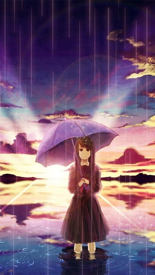 iphone 壁纸 动漫女孩在雨中,伞,水,云,日落