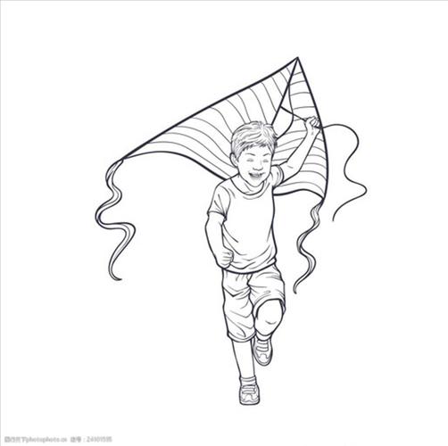 手绘线稿儿童节放风筝的孩子