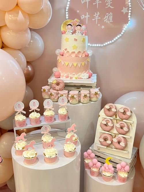 粉色甜品台女宝宝周岁蛋糕