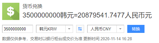 6282韩元根据2020年11月14日的最新汇率,1亿韩元相当于596600人民币