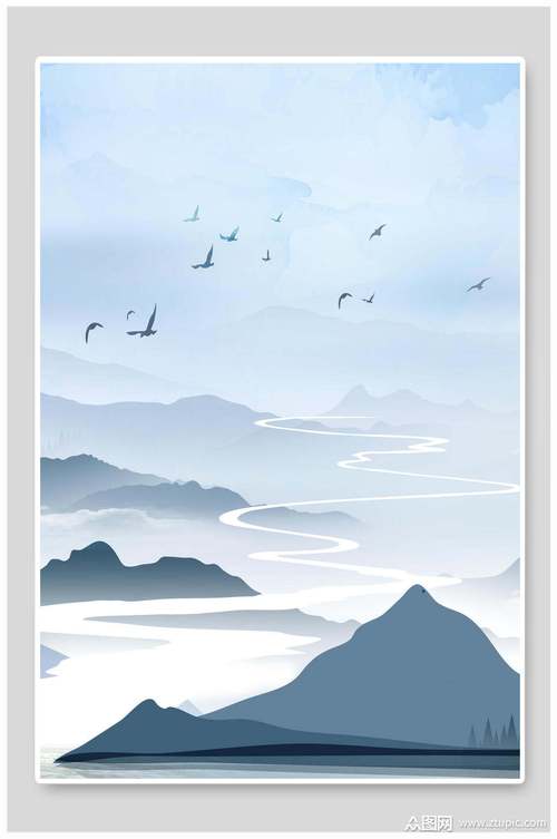云雾鸟兽蓝中国山水水墨画背景素材