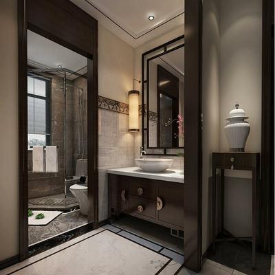 新中式浴室柜组合落地仿古卫浴柜实木卫生间洗手柜洗脸盆洗漱台.