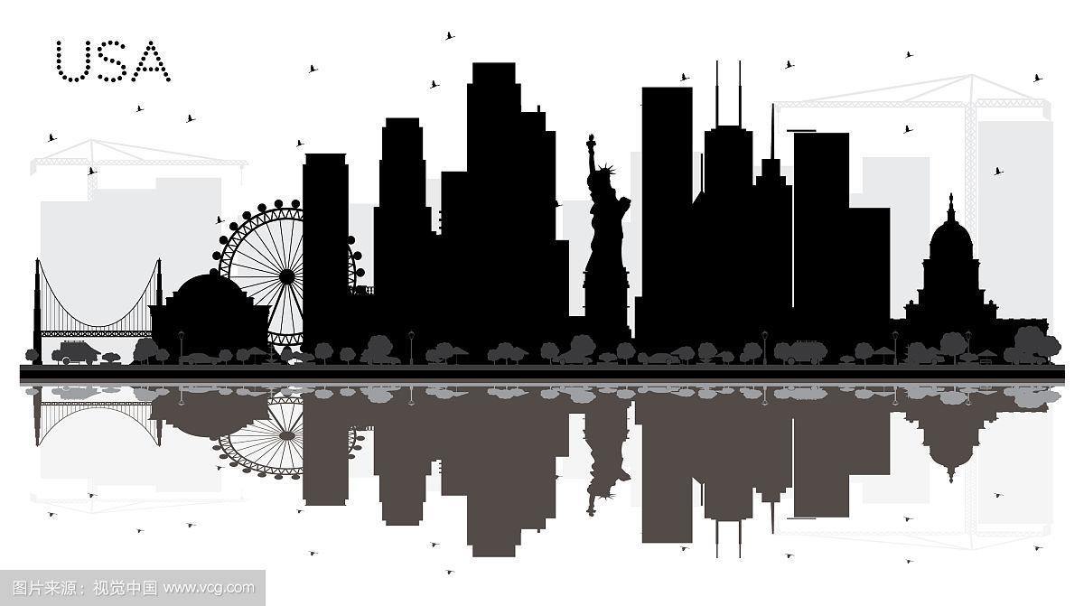 美国城市天际线黑白相间的剪影