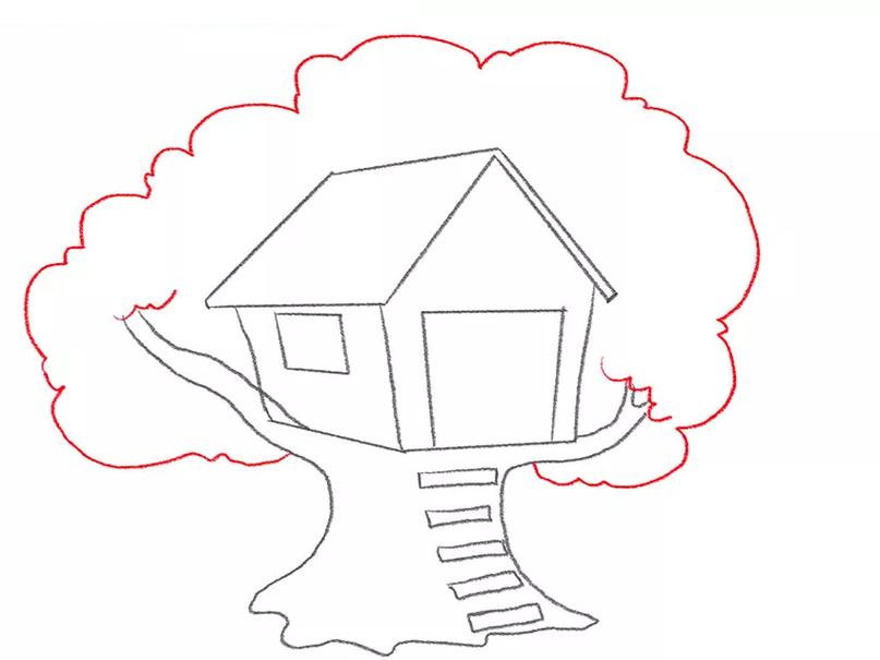 儿童简笔画-树屋(建在树上的房子)的绘画教程