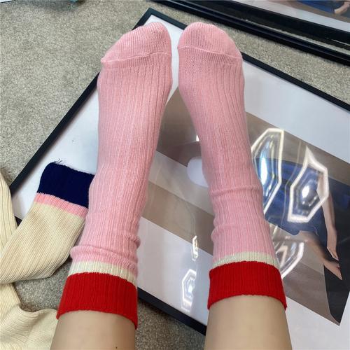 粉色袜子女网红明星mona同款长袜撞色拼接堆堆袜秋冬季时髦中筒袜