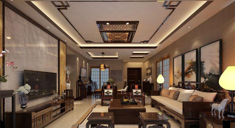 中式风格四居室客厅背景墙装修效果图