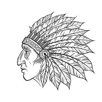 美国本土印第安人,首领,头部,侧面,矢量,旧式,插画,手,风格,波希米亚