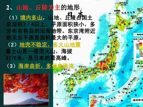 东京湾附近 的关东平原是面积最大的平原. (2)地壳不稳定,多火山地震.