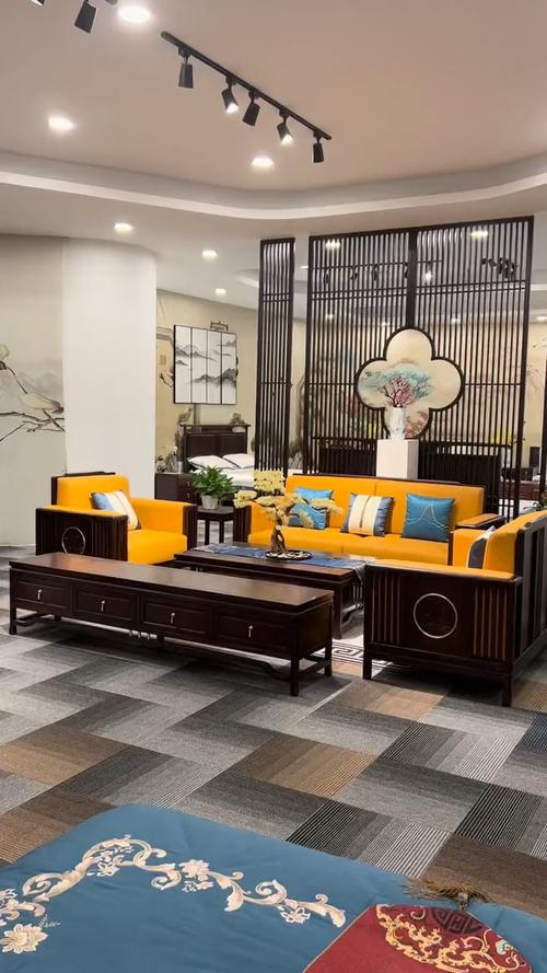苏州固沐新中式家具工厂新中式客厅沙发大全橙色软包是亮点之一