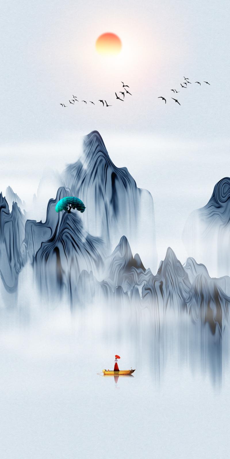 中国风水墨古典山水画素材分享,可做手机屏保,古风插画背景素材