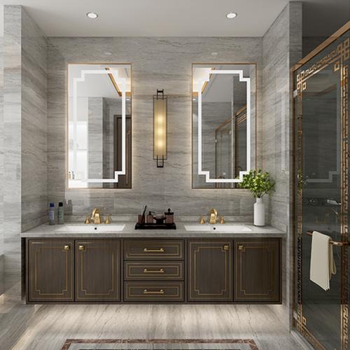 新中式浴室柜组合 实木悬挂轻奢卫生间双盆大理石洗脸洗手台盆柜