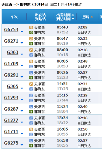 邯郸到滨海新区高铁时刻表