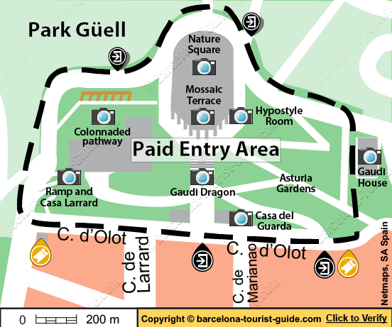 location map showing the paid entry area of park guell