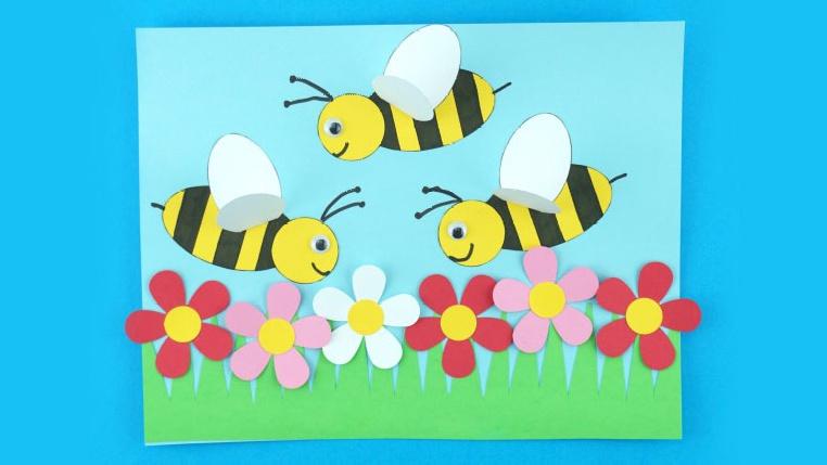 儿童暑假手工创意剪纸贴画花丛中的小蜜蜂