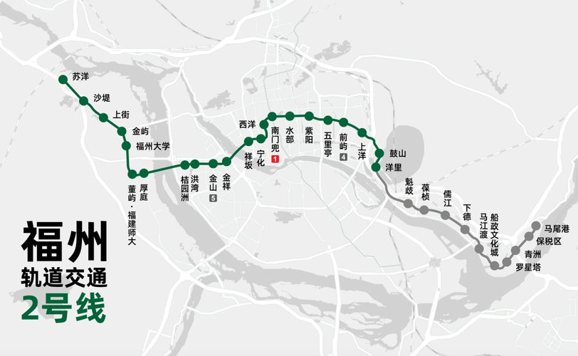 福州地铁2号线大致为东西走向,西起上街镇苏洋站(福银高速苏洋大桥