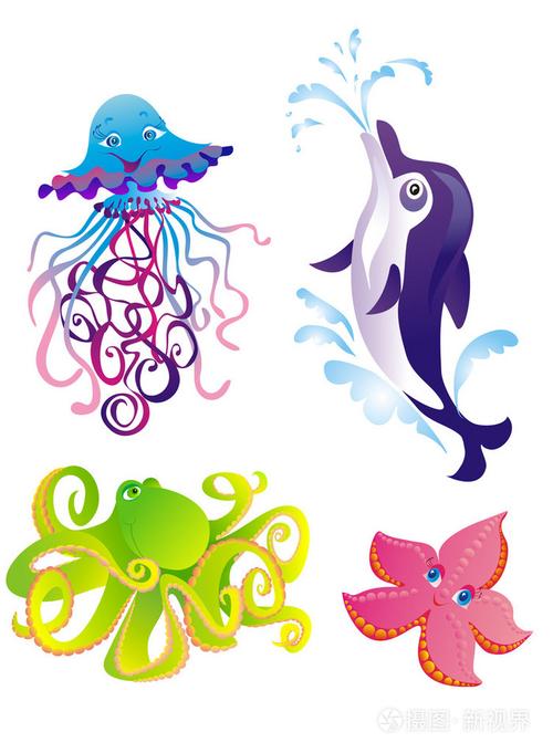 许多不同的海洋动物矢量